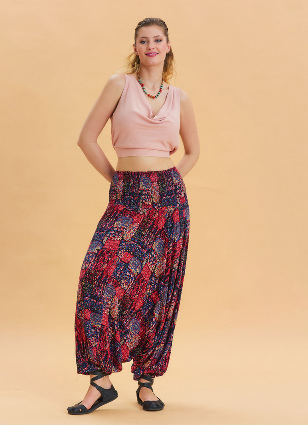 Red Bohemian Shalwar with Elastic Waist and Gipe Detail 4536